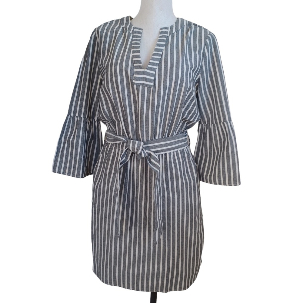 Lucky Brand Womens Grey White Striped Linen Blend‎ Bell Sleeve Belted Dress M